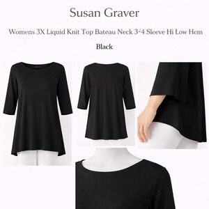 Susan‎ Graver Womens 3X Liquid Knit Top Bateau Neck 3/4 Sleeve Hi Low Hem Black